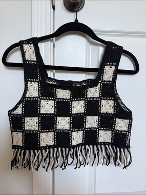 💥 Black & White Crochet Checkerboard Fringe Tank